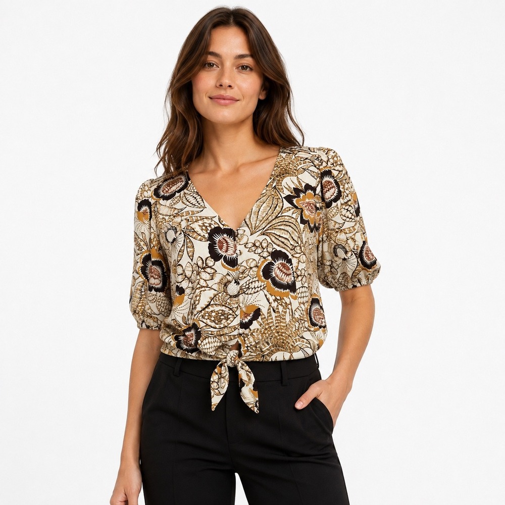 Rose + Olive Blouse M Tan Floral Button Down Tie Front Puff Sleeve Resortwear